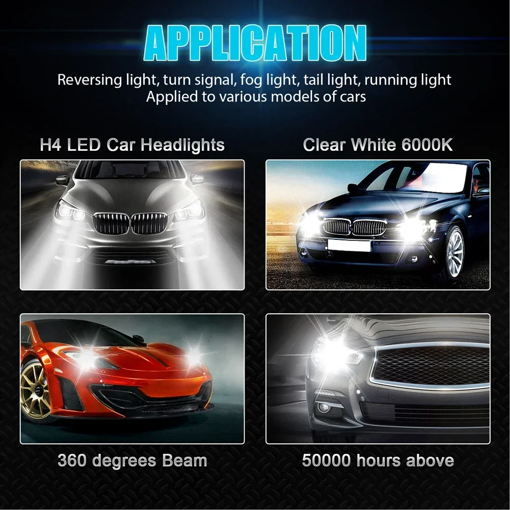 White LED Headlight Bulb H4 6000K High Low Beam IP67 Waterproof