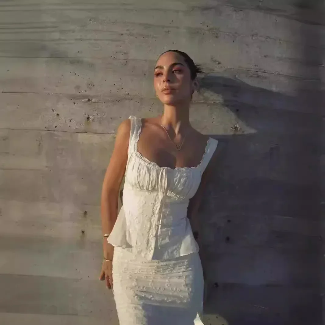 Minigmingxi 2024 New in Summer 2 Piece Dress Set Elegant and Beautiful Dresses Set Beige Long Matching Set Sexy Mermaid Skirt 3