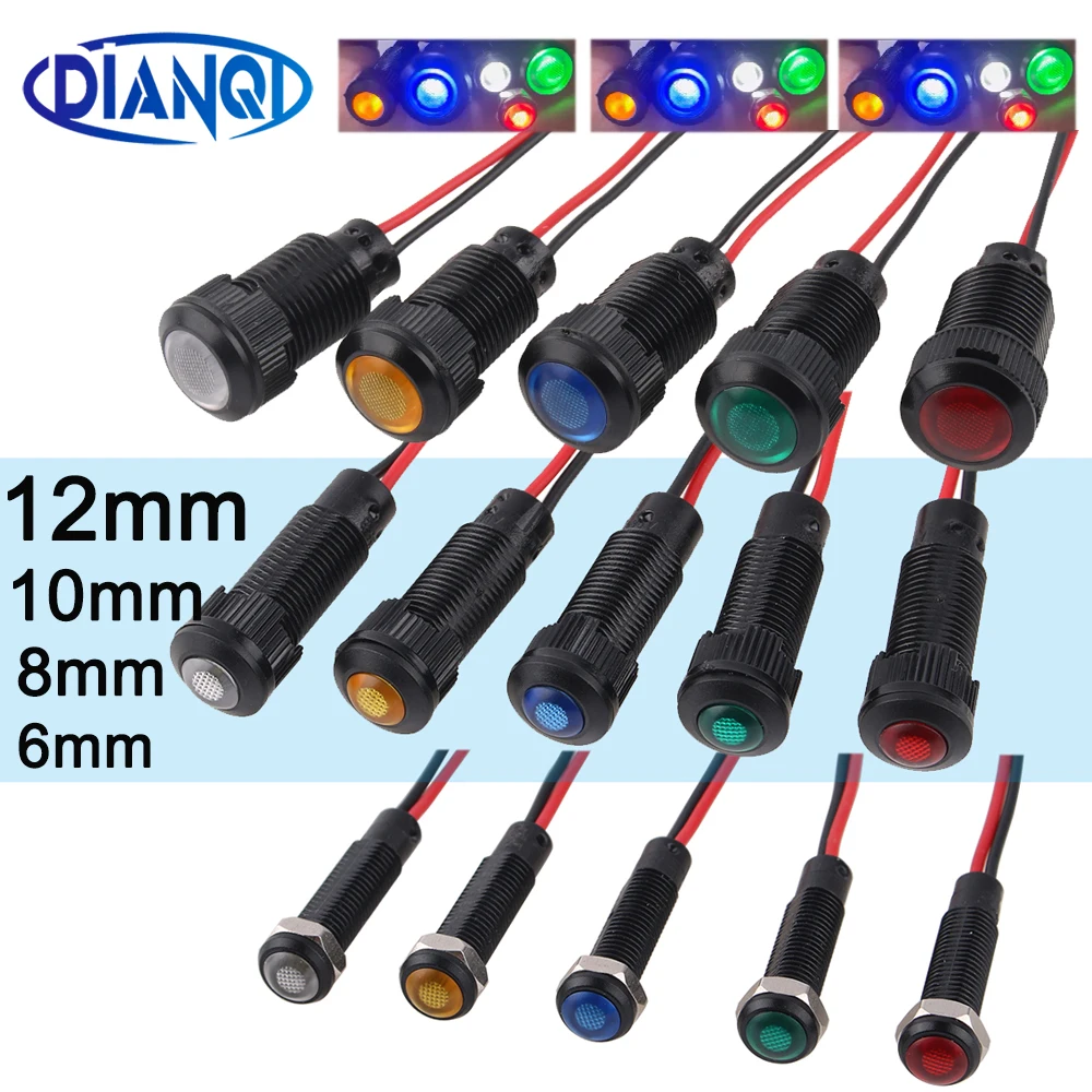 Luz indicadora LED de plástico, lámpara de punto de señal, color negro, rojo, amarillo, azul, verde, blanco, 1/5/10 piezas, 6mm, 8mm, 10mm, 12mm, 3V, 6V, 12V, 24V, 110-220V