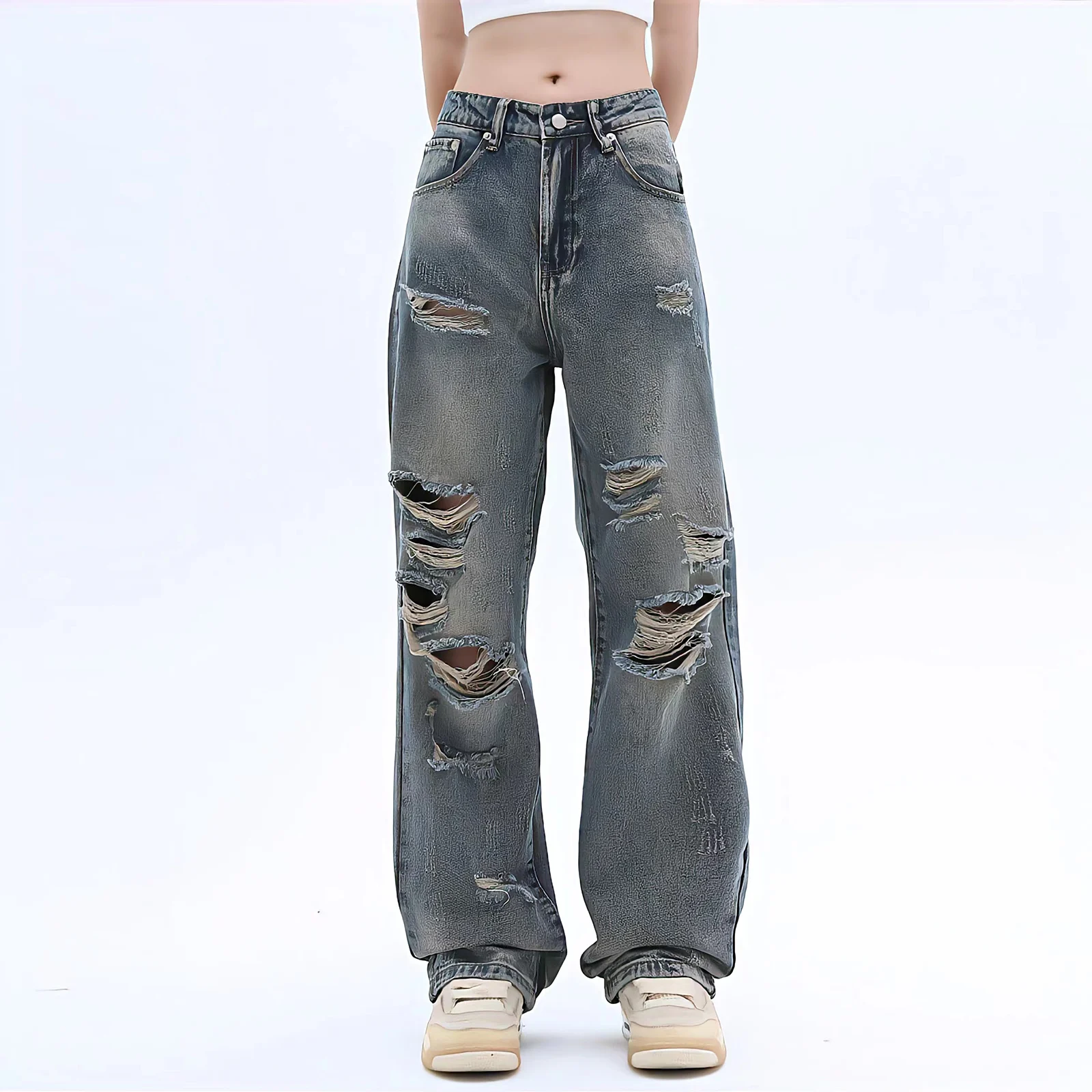 Ladies Ripped Jeans  Loose Wide Leg Pants Y2k New Washed Straight Pants Korean Retro Street Style Denim Trousers Womens Jeans summer retro gothic denim patch shorts ladies trend high street harajuku high waist wide leg pants loose hot girl style