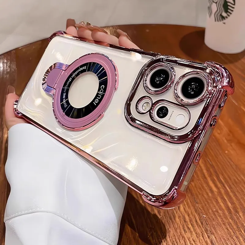 Luxury Magnetic Holder Shockproof Transparent Silicone Phone Case, Airbag Plating Design
