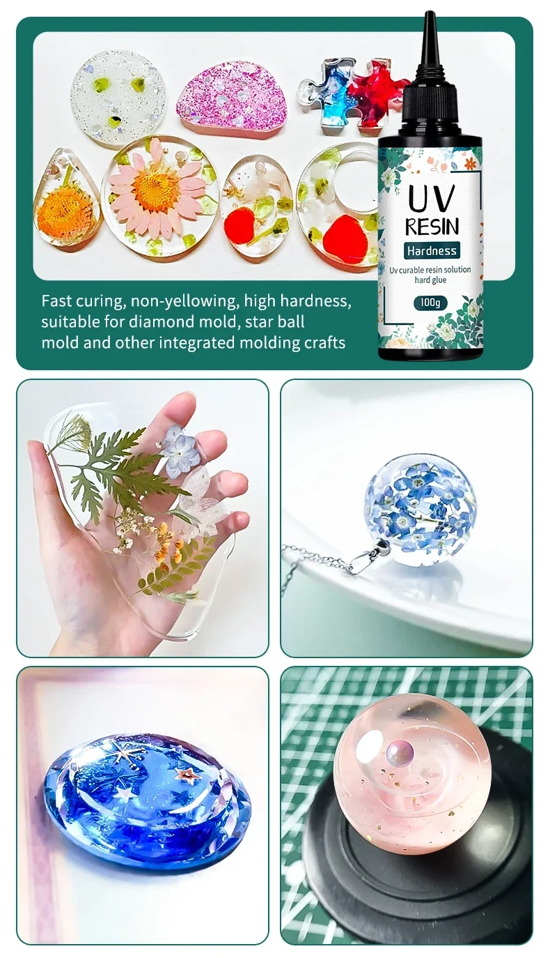 S887947b285a14ddda800d902ce06efb0l UV Resin Glue 20g/50g/100g/250g/1000g Epoxy Resin and UV Lamp High Transparency Fast Drying and High Hardness for DIY Jewelry