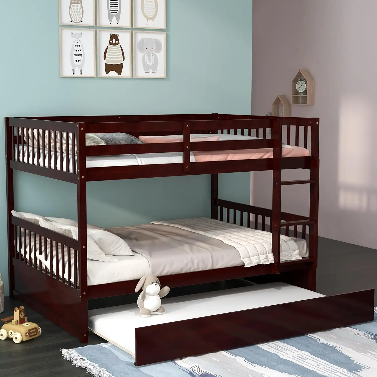 Wood Full Over Full Bunk Bed with Trundle, Bunk Bed Frame with Ladder, Solid Wood Frame & Safety Guardrails 3
