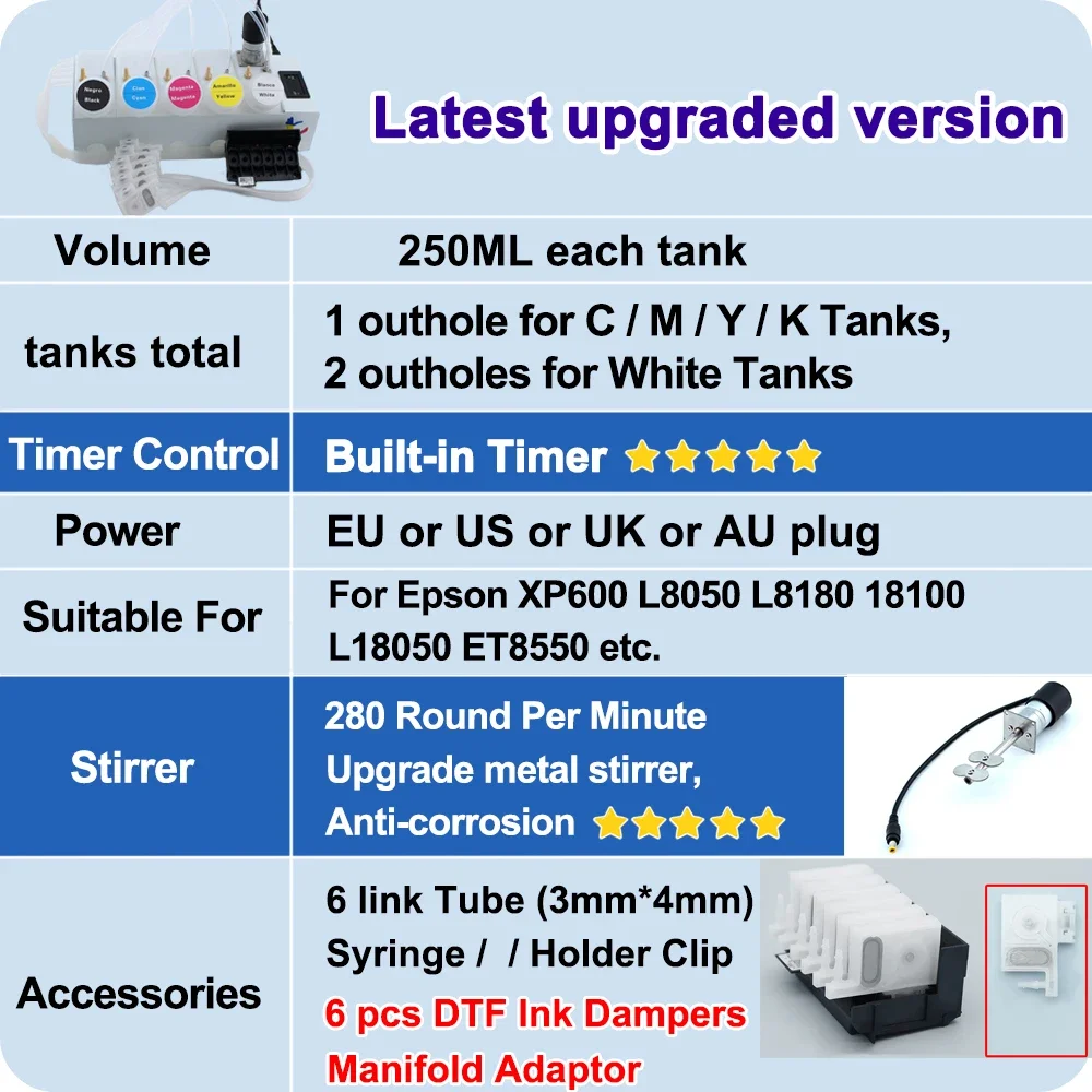 XP600 ET-8550 L18050 250ML DTF CISS 잉크 시스템(프린트 헤드 어댑터 포함) Epson L8050 18100 탱크 교반기 타이머용 매니폴드 댐퍼