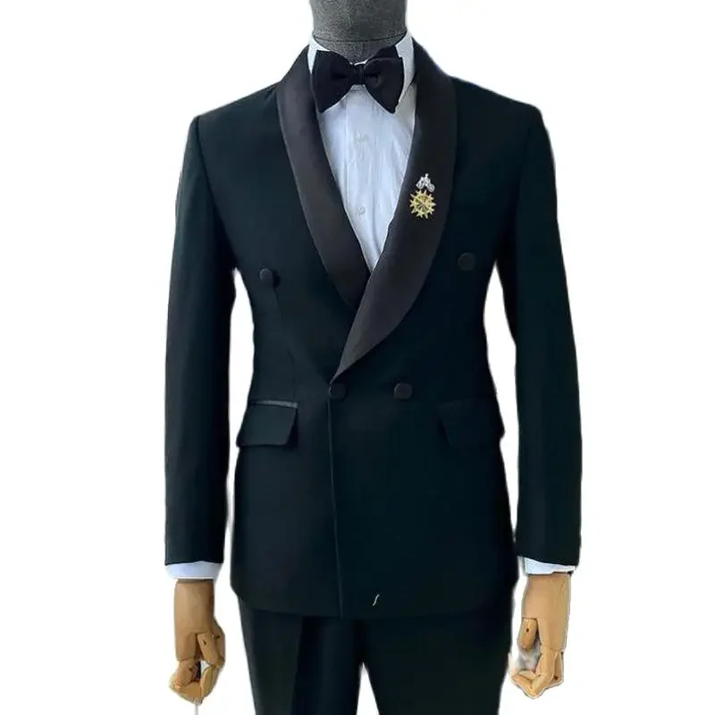 Black Wedding Tuxedo for Mens Suits with Double Breasted Jacket Pants 2 Piece Slim Fit Formal Male Fashion Prom Costumes