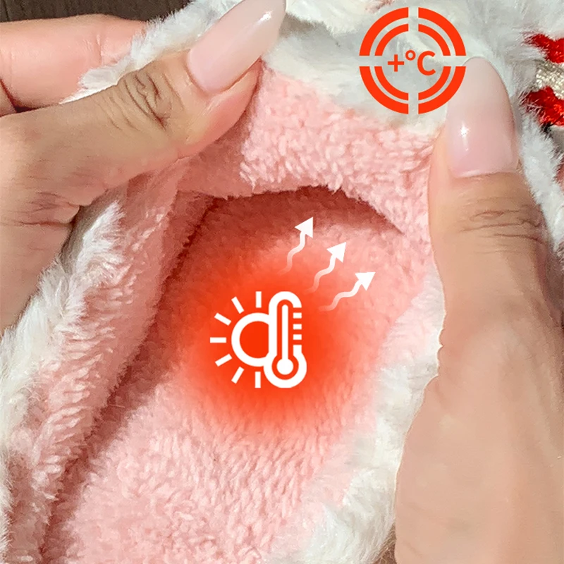 Embroidery Cartoon Apples Fur Slippers Women Sweet Thick Sole Warm Home Slippers Woman Anti Slip Plus Size Living Room Shoes