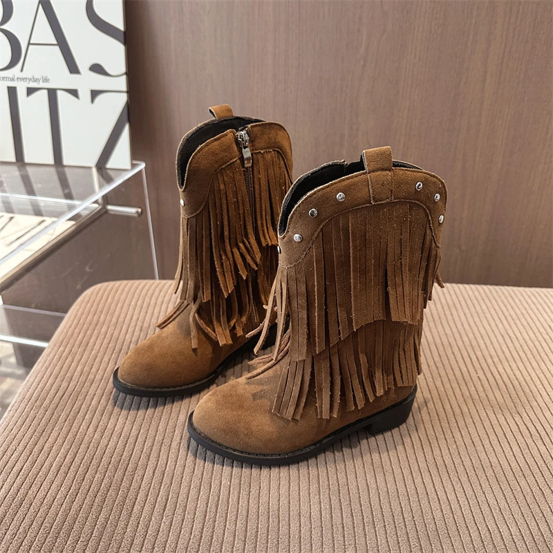 2025 Autumn New Children's Ankle Boots Retro Tassel Girls Fashion Princess Boots Solid Color Causal Non-slip Kids Leather Boots