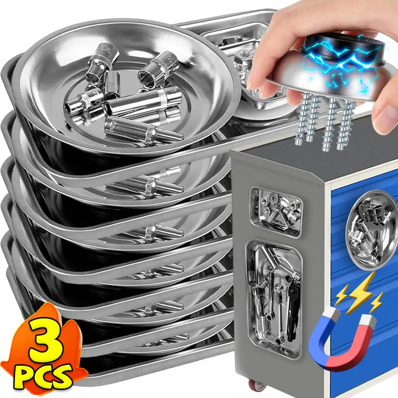 Magnetic Tray Stainless Steel Magnetic Parts Securely Holder Round Rectangular Magnetic Bowl Tools Screw Wrench Organizer Tray image 1