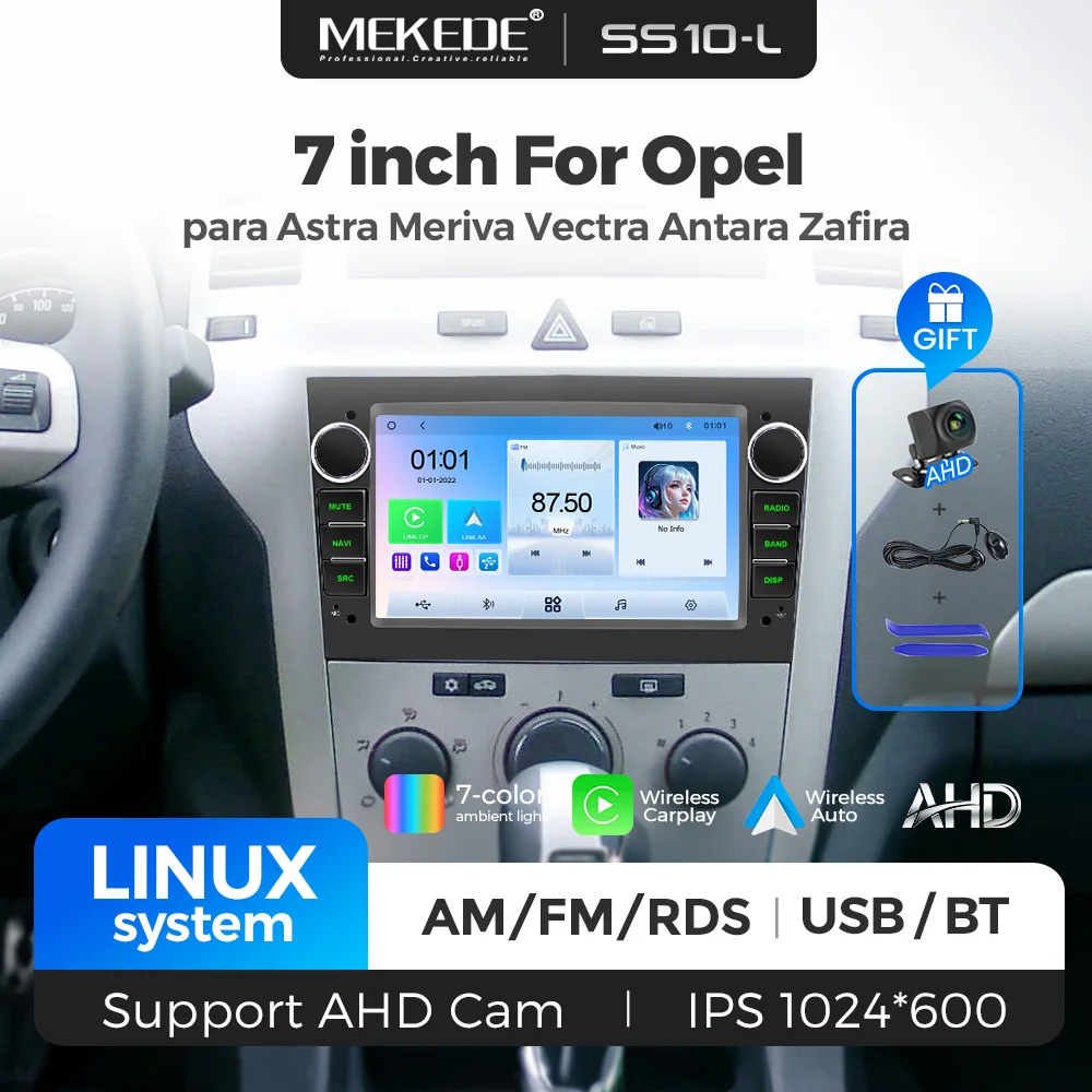 MEKEDE-reproductor MP5 con pantalla Linux de 7 pulgadas para coche, para Opel Astra H J Vectra Vauxhall Antara Zafira Corsa C D Vivaro Meriva, CarPlay inalámbrico, Android, USB, BT, FM, RDS, sistema inteligente para coche, cámara AHD 2Din 1