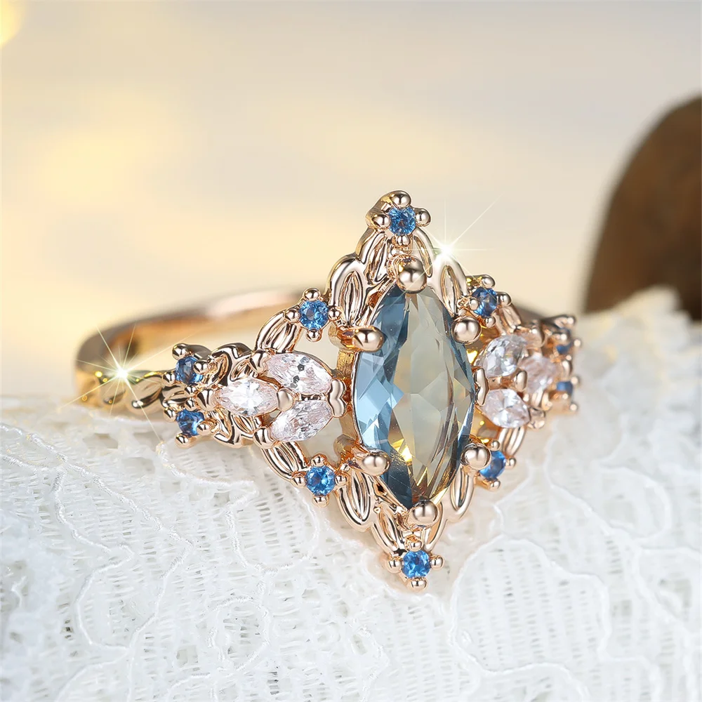Fashion Blue Crystal Marquise Oval Stone Flower Rings For Women Vintage Gold Color Engagement Ring Wedding Jewelry Bridal Gifts