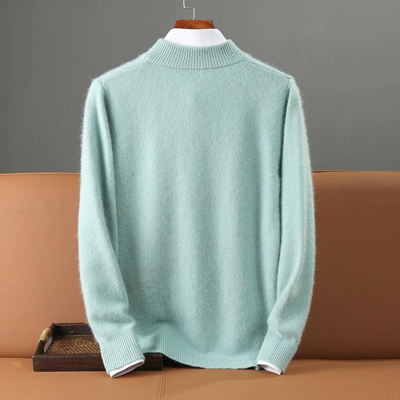 Autumn Winter Thick 100% Mink Cashmere Sweater Men's Semi High Neck Zipper Knitted Pullover Casual Business Warm Menswear Tops 2