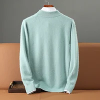 Autumn Winter Thick 100% Mink Cashmere Sweater Men's Semi High Neck Zipper Knitted Pullover Casual Business Warm Menswear Tops 2