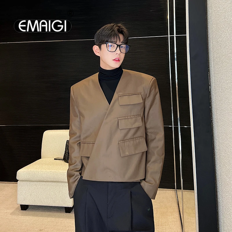 

Men Collarless Irregular Fashion Loose Casual Short Suit Jacket Blazers Male Korean Streetwear Vintage Blazers Jacket