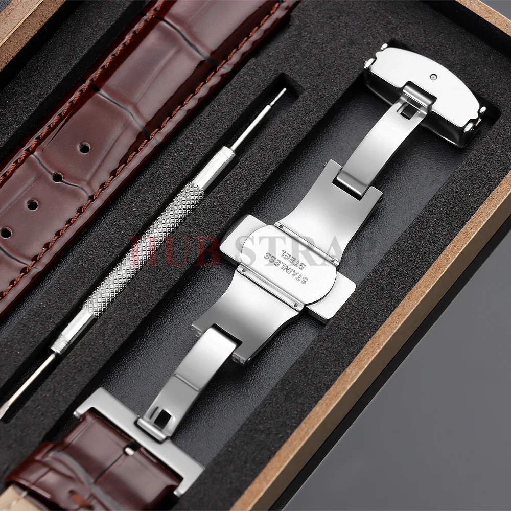 Vintage Leather Watch Band with Wooden Box and Butterfly Clasp