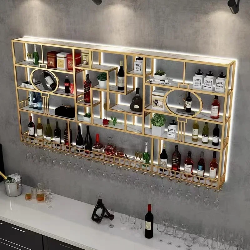 Luxury Storage Bar Cabinet Wall Mounted Illuminated Ironwork Commercial Wine Rack Creative Mueble Bar Gold Furniture