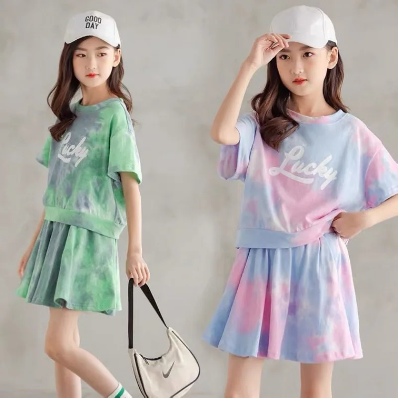 

2Pcs Tie dye Summer Big Kids Baby Tall Girls Clothes Tops T-shirt+Skirt for 10 11 12 13 14 15 16 Years Old 150cm 160cm Height