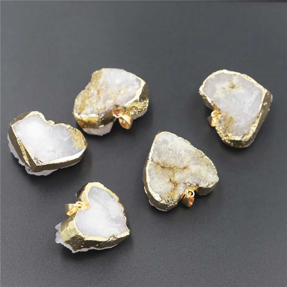 Natural Raw ore Stone Druzy White Crystal Heart Gold Edge Peach Pendants Necklace Charms DIY Jewelry Accessories Wholesale 6Pcs