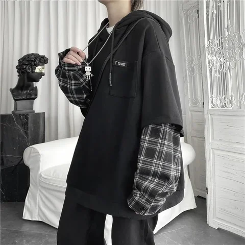 Women Hoodie Plaid Sleeve Patchwork Sweatshirt Fake Two Long Sleeve Pullovers Tops Female Hoodies Unisex Streetwear