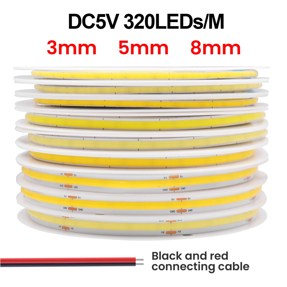 3MM 5MM 8MM COB Strip 5V 12V FOB LED Light Bar 320Leds/M 3000K 4000K 6000K High Density Flexible Ribbon Rope Tape Cabinet Light 4