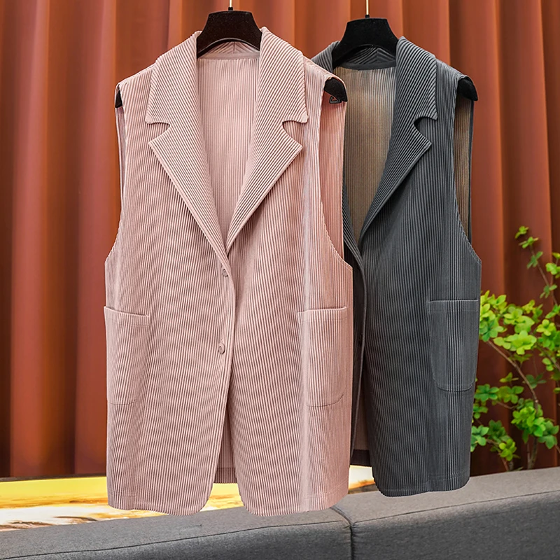 

Miyake Pleated Slim Jacket 2023 Autumn New Solid Color Original Design Suit Collar Sleeveless Top High Elasticity Women Clothing