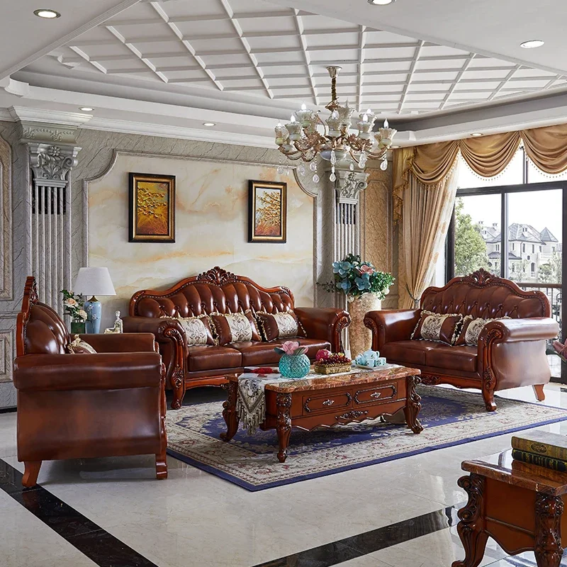 Leather Living Room Sofa Set European Design Modern Style 3 Seater Canape Salon Home Furniture
