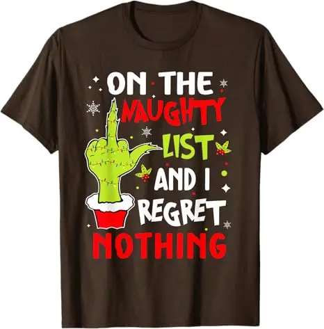 Lustig auf der Liste von Naughty and I Regret Nothing Weihnachts-T-Shirt, humorvolles Weihnachtsmann-Weihnachtskostüm, Buchstaben, bedrucktes Spruch-T-Shirt – Detail 5