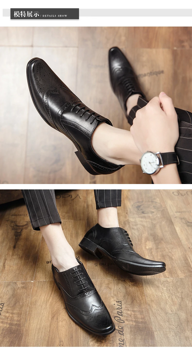 Luxuriöse Herren-Kleiderschuhe aus hochwertigem Leder, Brogue-Flügelspitze, Oxford, Schwarz, Braun, Schnürung, Business, Hochzeit, formelle Herrenschuhe – Detail 12