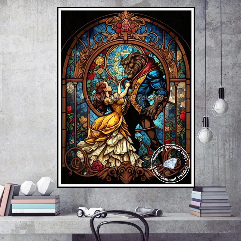 Disney-La Belle et la Bête Vitrail Diamond Painting, Art Pepper, Rose  Flower, Crystal Full Drills, Cross Stitch, Home Decor