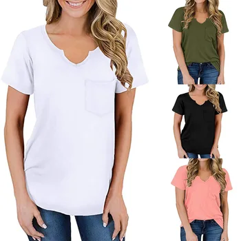 2024 Europe and the United States spring and summer new women's top V-neck pocket short sleeve loose T-shirt woman 1