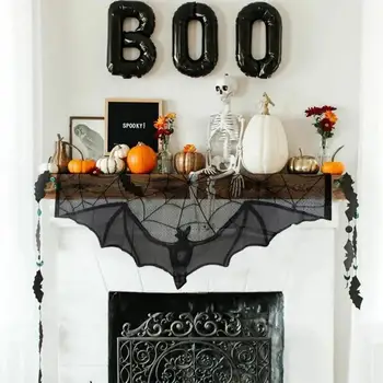 Lace Curtain Gothic Bat Halloween Table cloth Fireplace Scarf Window Cover for Party Home Decoration Cobweb Halloween 2