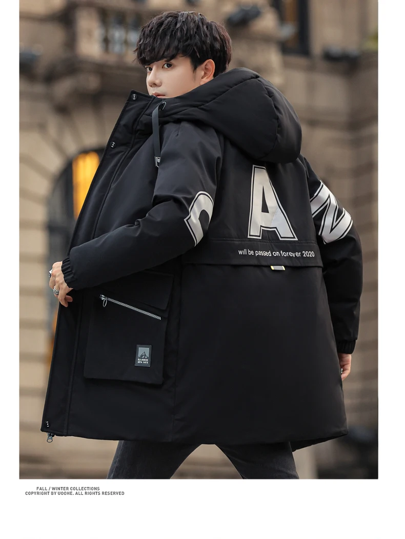 Lässige, mittellange, mit Kapuze und Baumwolle gefütterte Jacken für Herren, 2025, Winter-Outwear, winddicht, verdickt, warme Parkas, Jugend-Daunenmäntel, Kleidung – Detail 15