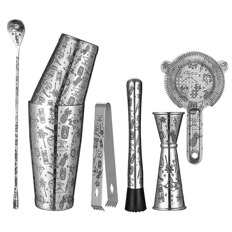 Tattoo Stainless Steel 7 Piece Cocktail Set Tin-on-Tin Shaker Jigger Spoon and Strainer Etched with Cocktail/ Hawaiian Imagery