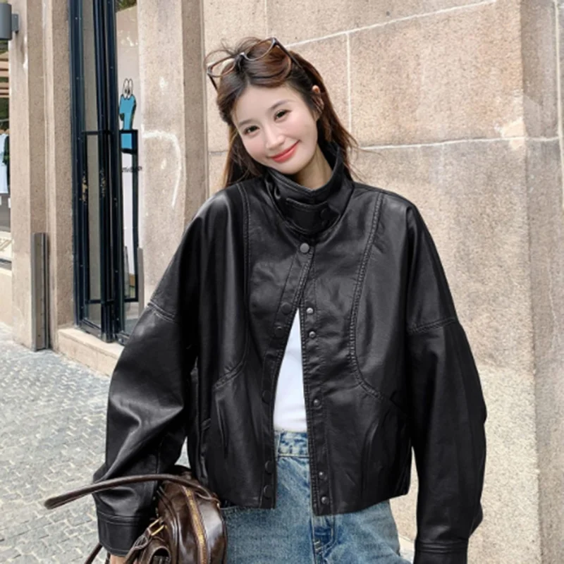Women Faux Leather Jacket Stand Collar Snap Button Coat Oversized Drop Shoulder Bomber Y2K Retro Streetwear Autumn Outerwear Top