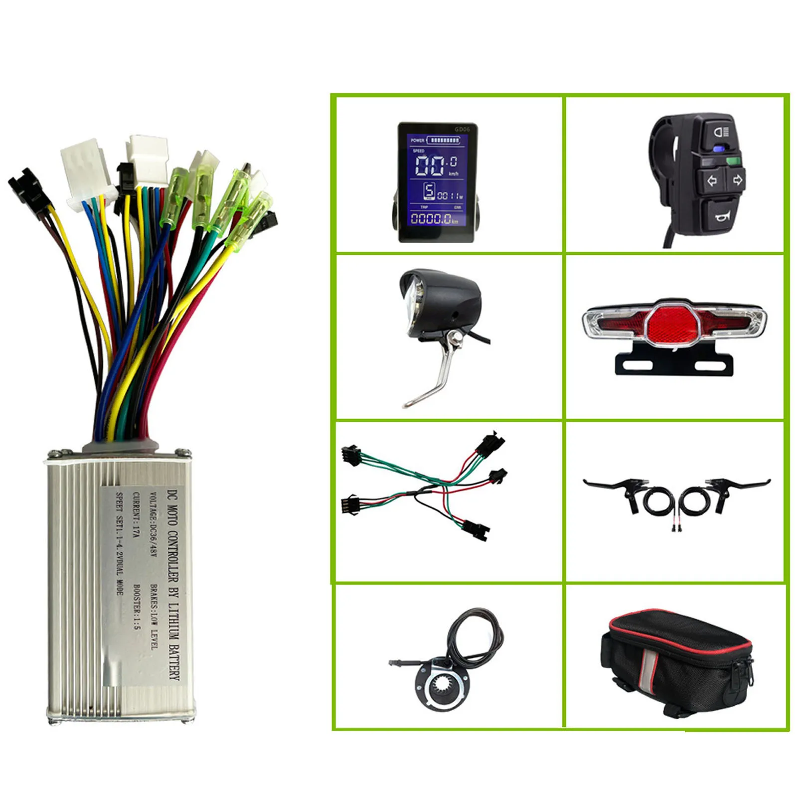 36V 48V Electric Bike Conversion Kit 17A Controller GD06 Panel Headlight Taillight Thumb Throttle Brake Lever