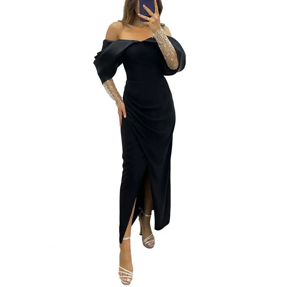 

Women Colorblock Dress Elegant Off Shoulder Maxi Dress with Mesh Sleeves for Prom Wedding Cocktail Party Lady Long Dress