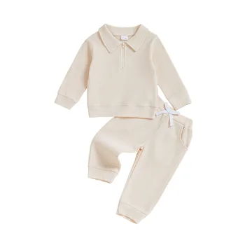Completi autunnali per bambino da bambino, tinta unita, maniche lunghe, mezza zip, pullover, pantaloni in vita elastica, set da 2 pezzi