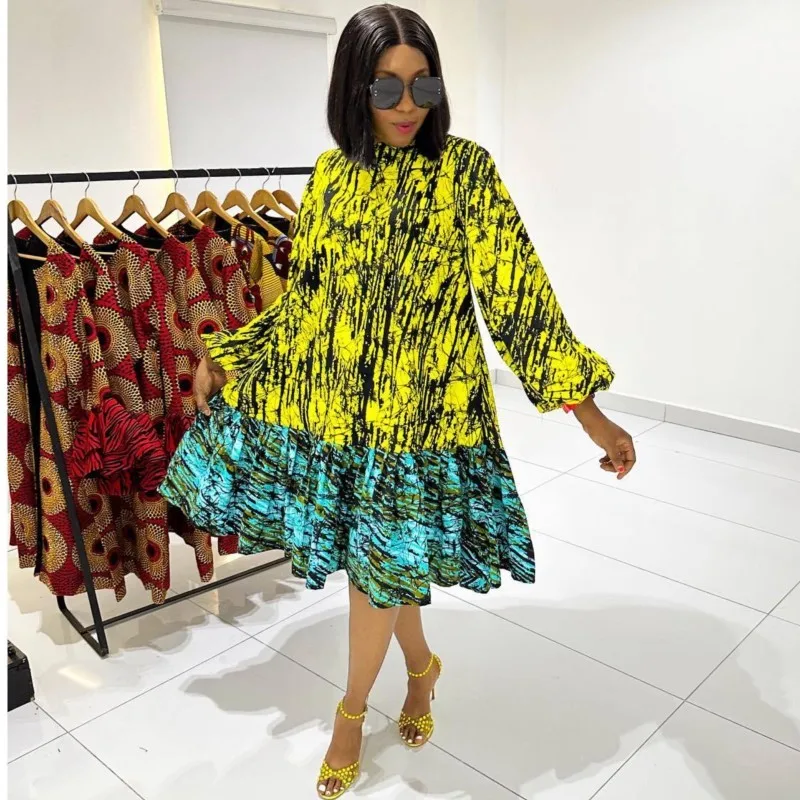 

Африканские платья для женщин, Новое поступление, весна-лето, платье свободного кроя с принтом на бретельках, рукавами-фонариками и круглым вырезом, африканская одежда Дашики