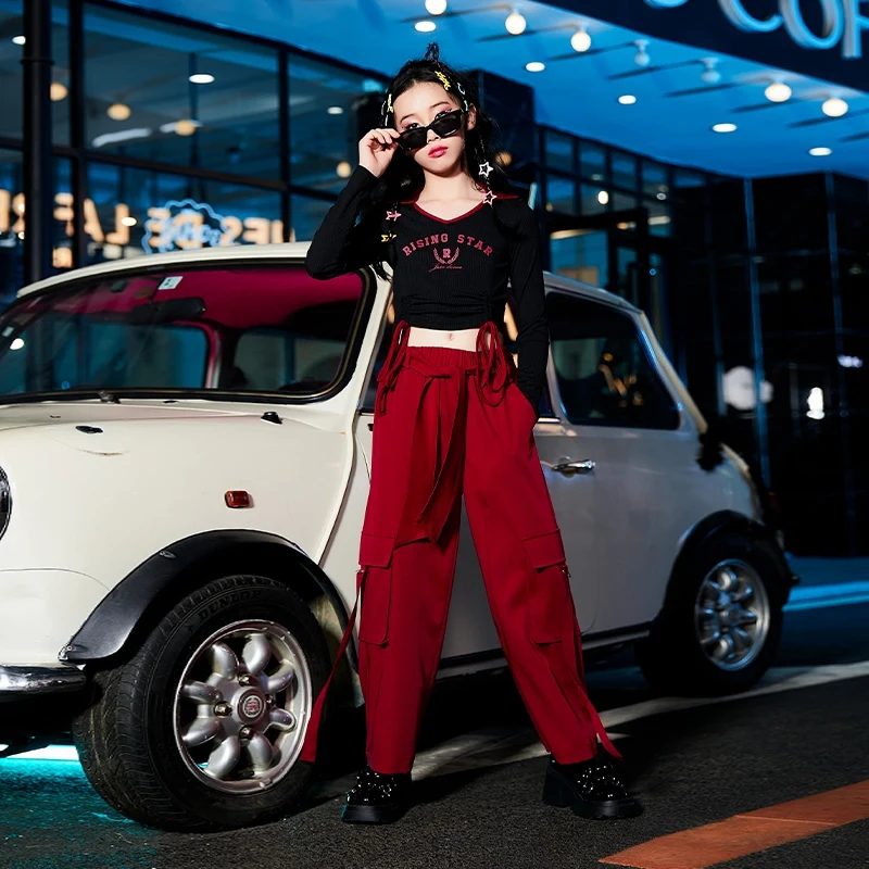 

2023 Jazz Dance Performance Costumes For Girls Black Long Sleeved Red Cargo Pants Suit Kids Clothing Hip Hop Streetwear DQS14886