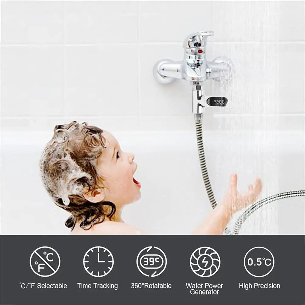 LED Display Water Shower Thermometer 0~100℃ Self-powered Water Thermometer Monitoring Baby Care Energy Smart Meter 360&deg; Rotation