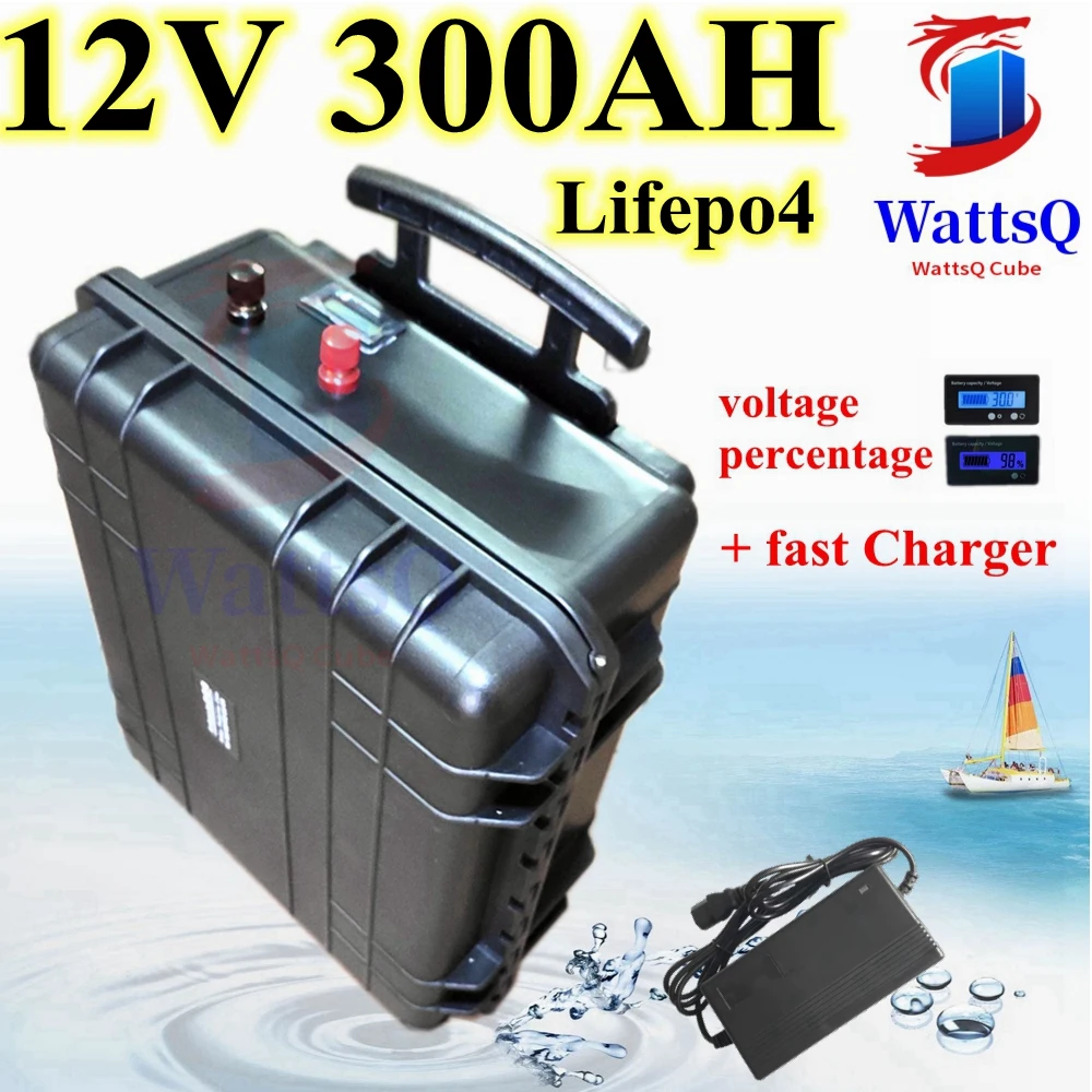 

waterproof 12V 300AH Lifepo4 battery lithium BMS with wheel trolley case for boat Solar System golf cart EV UPS +20A Charge