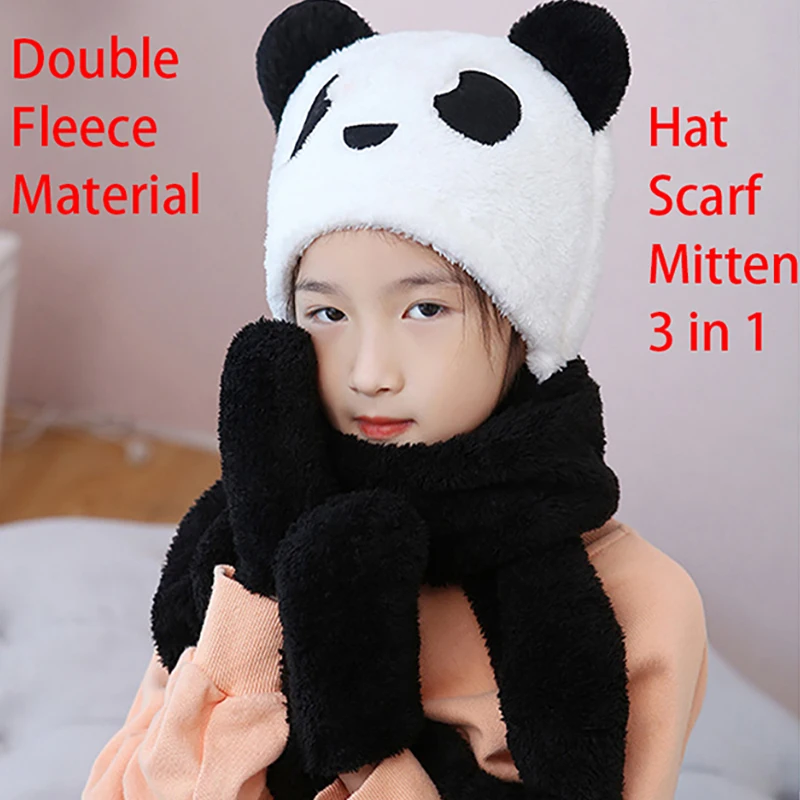 3 in 1 Winter Animal Hat Scarf Mitten Combo Panda Bear Cute Hood
