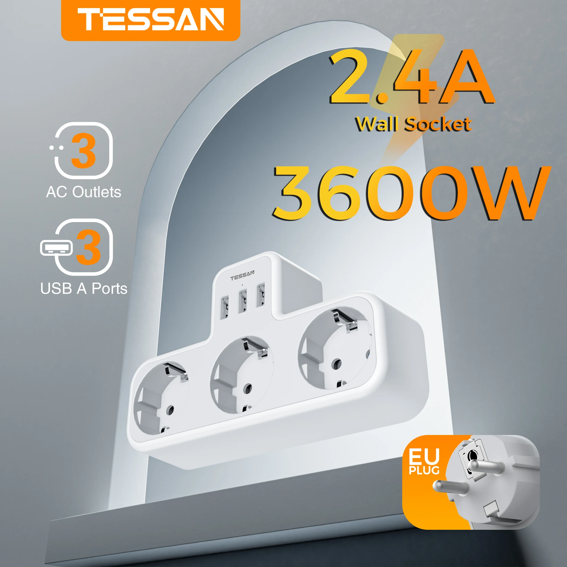 TESSAN EU Wall Socket Extender with 3 AC Outlets and 3 USB Charging Ports 5V 2.4A Power Adapter Surge Protector For Home/Office