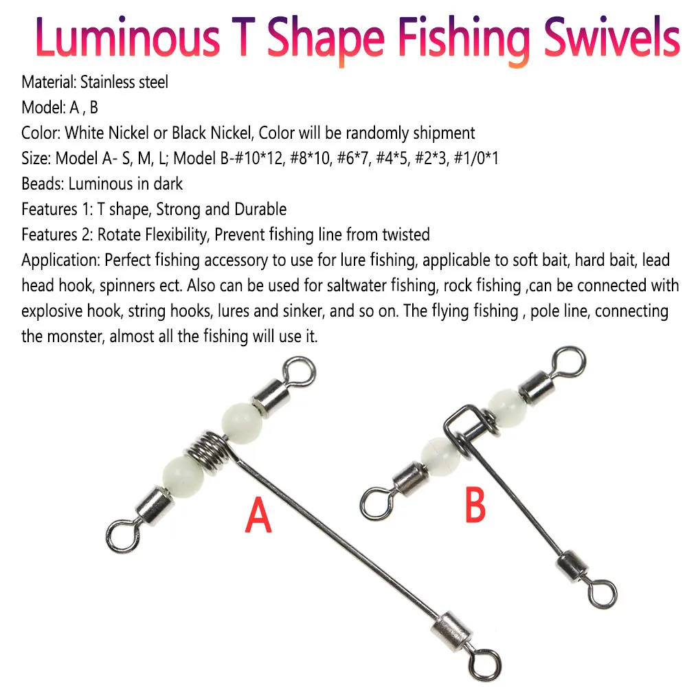 Bimoo10pcs T Shape Fishing Swivels W/ Luminous Beads Cross-line Rolling  Swivel 3 Way Swivel Sea / Lure Fishing Rigs Connector