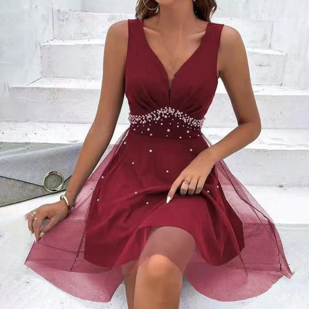 

Soft Fabric Dress Elegant V Neck Pearl Embellished A-line Evening Dress with Double-layer Mesh Overlay High Waist for Summer