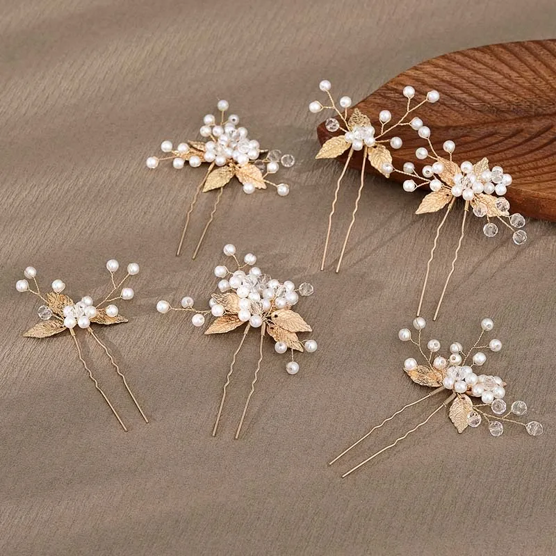 여성용 모조 다이아몬드 꽃 머리핀, 금속 합금 잎 헤어 클립, 웨딩 쥬얼리 선물, 골드 컬러 신부, 헤어 액세서리, 6 개
