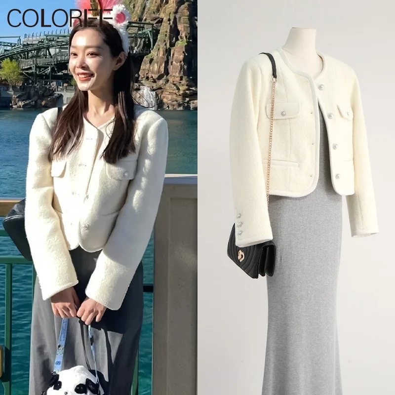 

White Wool Coats for Women Brand Luxury Designer O-neck Short Tweed Jacket Korean Fashion Abrigo Mujer Invierno 2023