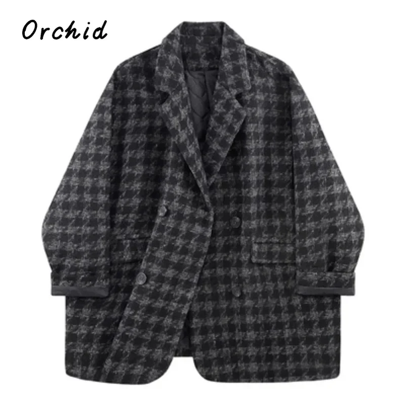 

England Style Blazer Coat Women Classic Checkered Single Breasted Thicken Warm Jacket Oversized Vintage Coats Autumn Winter 2023