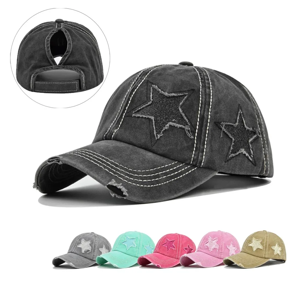 Baseball Cap Women Ponytail Washed Cotton Sun Female Pentagram Sequins Hip Hop Snapback Adjustable Sport Golf