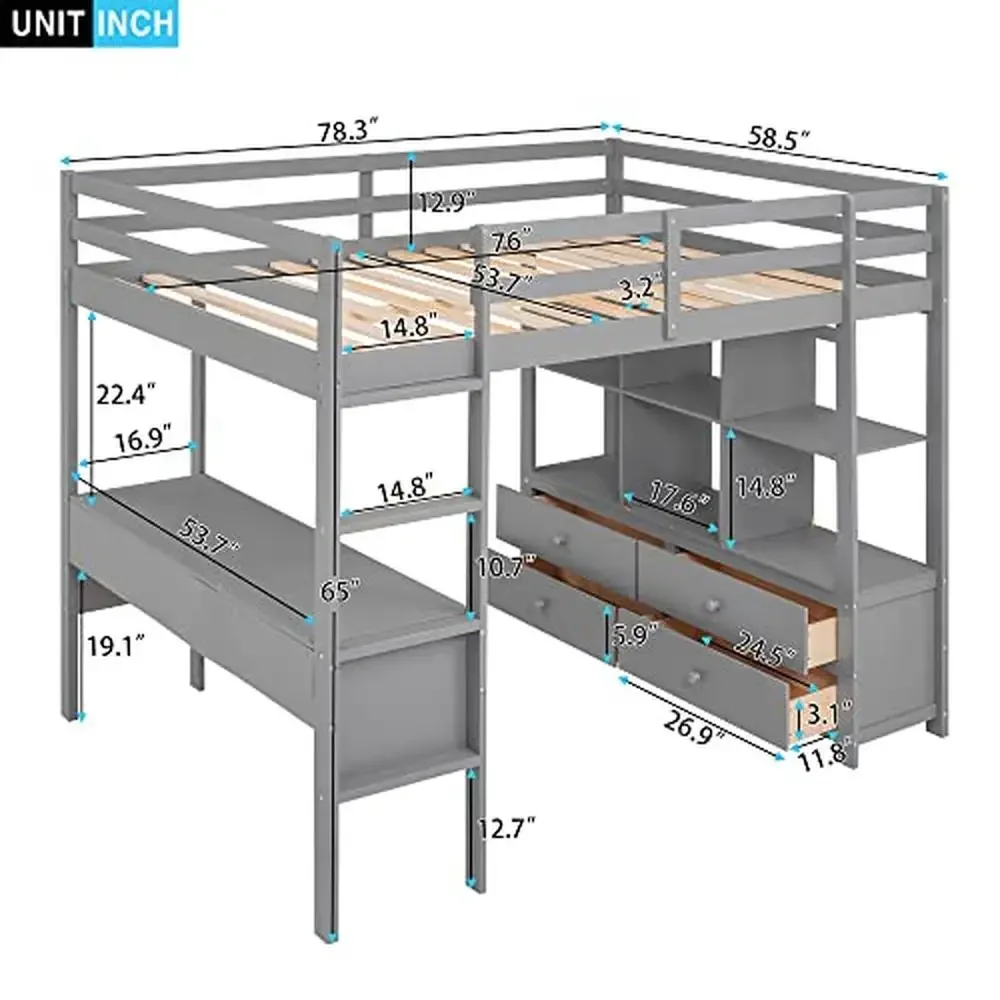 Full Size Loft Bed with Desk Storage Drawers Shelves Multifunctional High Loft Beds Kids Crafted Pine Wood Ladder Classic Design