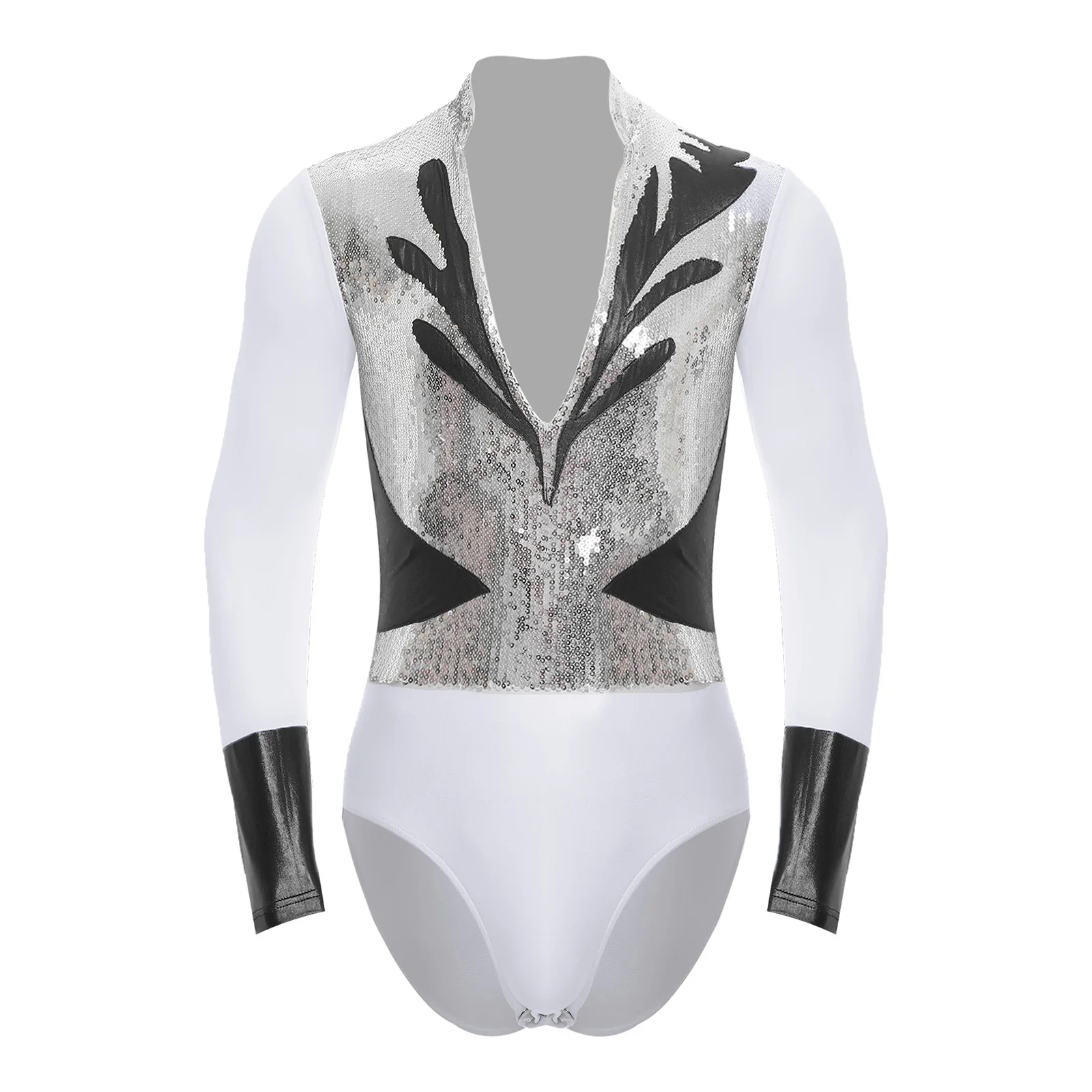 Herren Gymnastik Latin Ballett Tanz Performance Eiskunstlauf Kostüm Glitzer Strass Mesh Trikot Overall Bodysuit Shirts – Detail 23